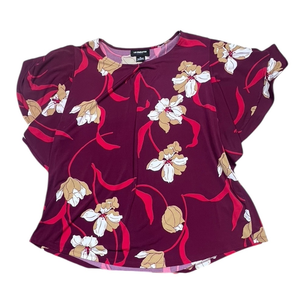 Liz Claiborne Women's Blouse – Plus Size XL – Burgundy Floral Print
